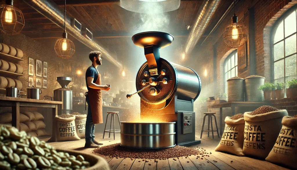 Boutique Coffee Roasting: Artisan coffee roaster monitoring a gas drum roaster in a boutique coffee roastery, featuring high-quality Costa Rican coffee beans being roasted with precision, set against an industrial-chic background of exposed brick walls and stacked green coffee bean bags.