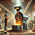 Boutique Coffee Roasting: Artisan coffee roaster monitoring a gas drum roaster in a boutique coffee roastery, featuring high-quality Costa Rican coffee beans being roasted with precision, set against an industrial-chic background of exposed brick walls and stacked green coffee bean bags.