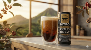 Nordico nitro cold brew can and glass – nitro cold brew Costa Rica RTD hero image
