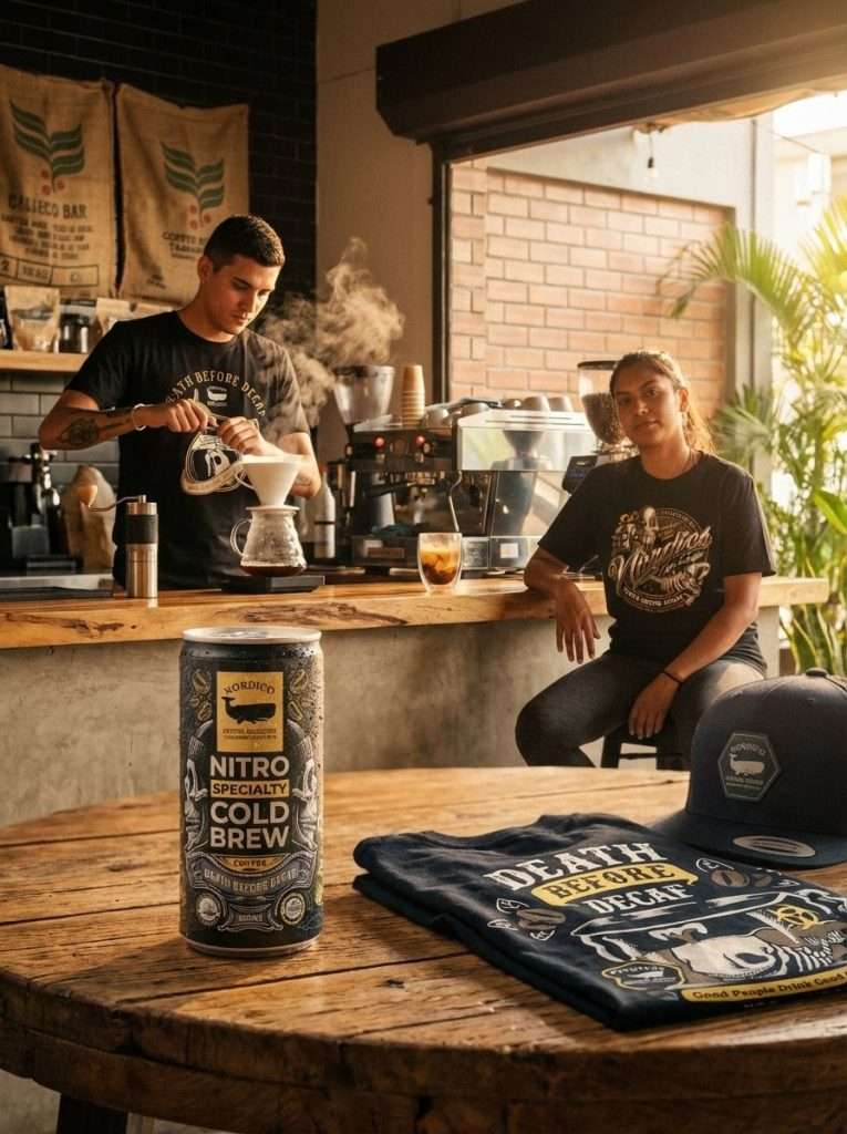 Nordico merch in Tamarindo café — Death Before Decaf shirt, cap and Nitro Cold Brew can on table