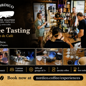 Nordico Coffee Tasting flyer featuring guests sampling specialty coffee in Tamarindo, Costa Rica; 10% off for groups of five or more